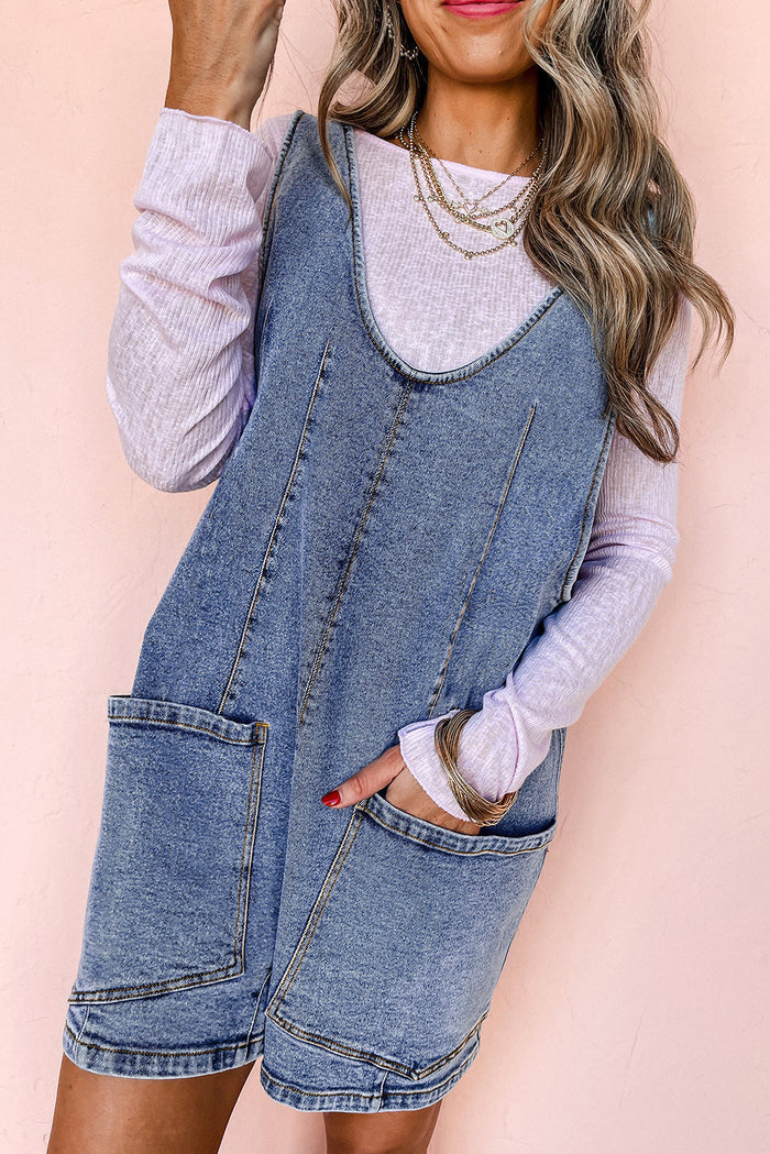 Dusk Blue Sleeveless U Neck Patched Pocket Denim Romper - S / 65% Cotton + 33% Polyester + 2% Elastane