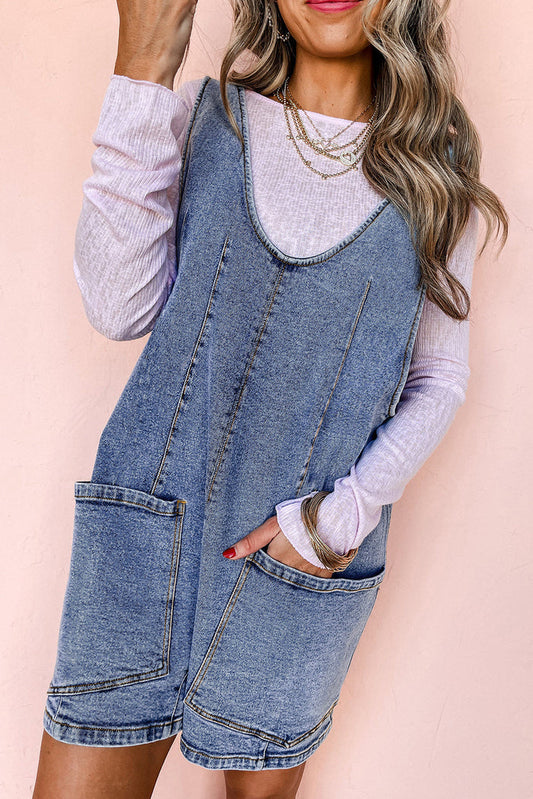 Dusk Blue Sleeveless U Neck Patched Pocket Denim Romper - S / 65% Cotton + 33% Polyester + 2% Elastane