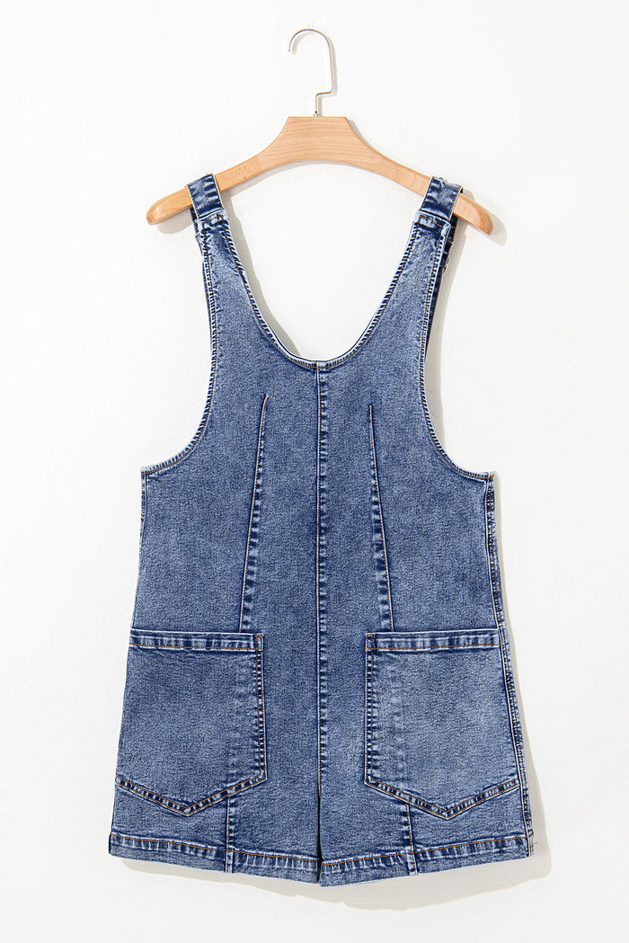Dusk Blue Sleeveless U Neck Patched Pocket Denim Romper - Bottoms/Jumpsuits & Rompers