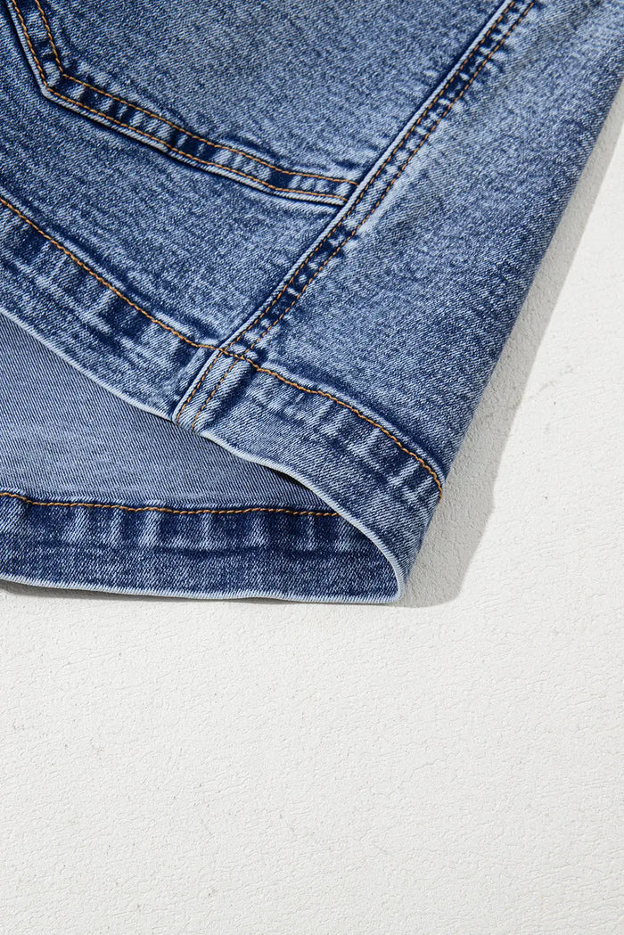 Dusk Blue Sleeveless U Neck Patched Pocket Denim Romper - Bottoms/Jumpsuits & Rompers
