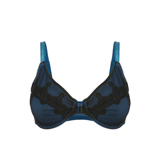 Elysia Navy Blue Silk and Organic Cotton Front Closure Full Cup Underwired Bra, front view – Juliemay Lingerie