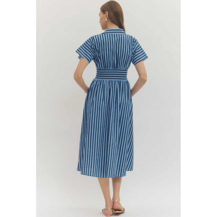 Entro - Striped, Short Sleeve, Midi Dress w Smocked Waist Detail 0282 - Navy