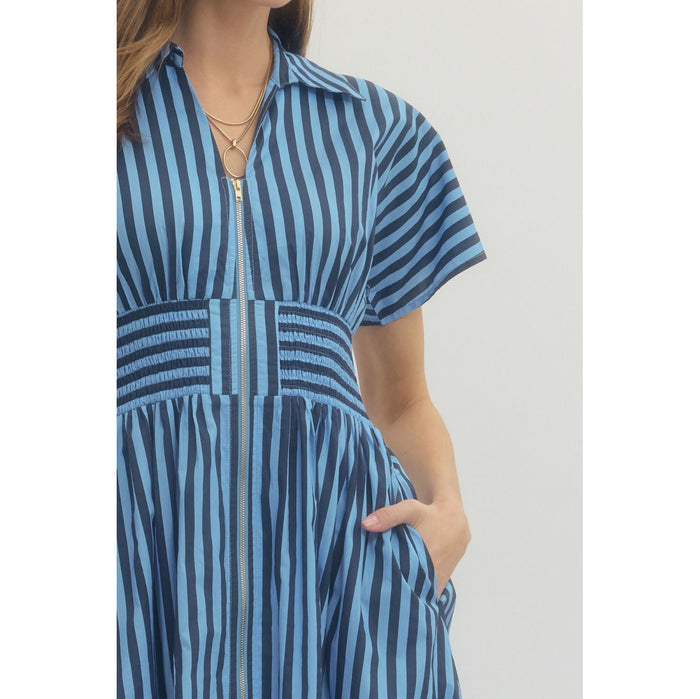 Entro - Striped, Short Sleeve, Midi Dress w Smocked Waist Detail 0282 - Navy