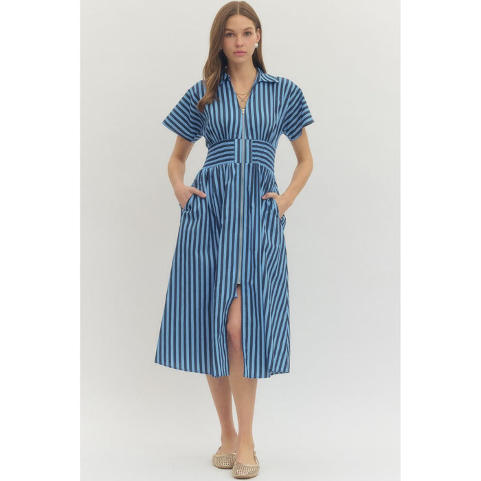 Entro - Striped, Short Sleeve, Midi Dress w Smocked Waist Detail 0282 - Navy