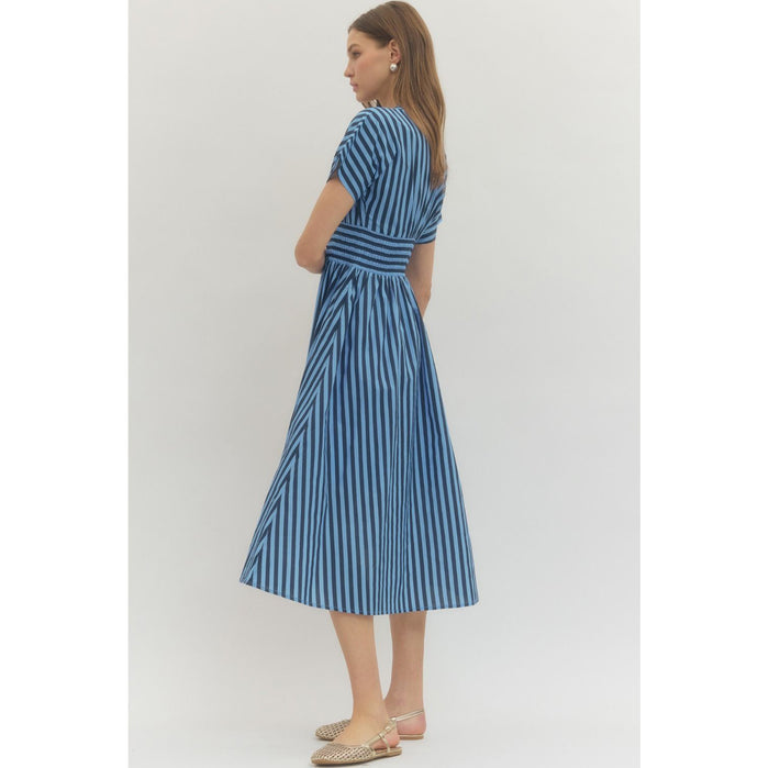Entro - Striped, Short Sleeve, Midi Dress w Smocked Waist Detail 0282 - Navy
