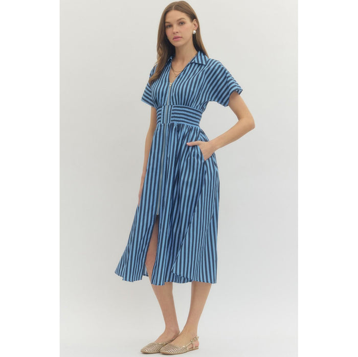 Entro - Striped, Short Sleeve, Midi Dress w Smocked Waist Detail 0282 - Navy