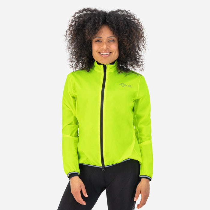 Rogelli Essential regenjack dames fluor gedragen voorkant.