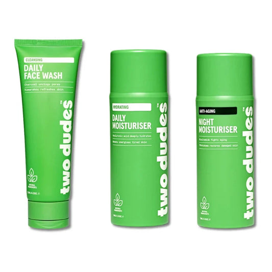 Three green skincare products from 'two dudes' on a white background
