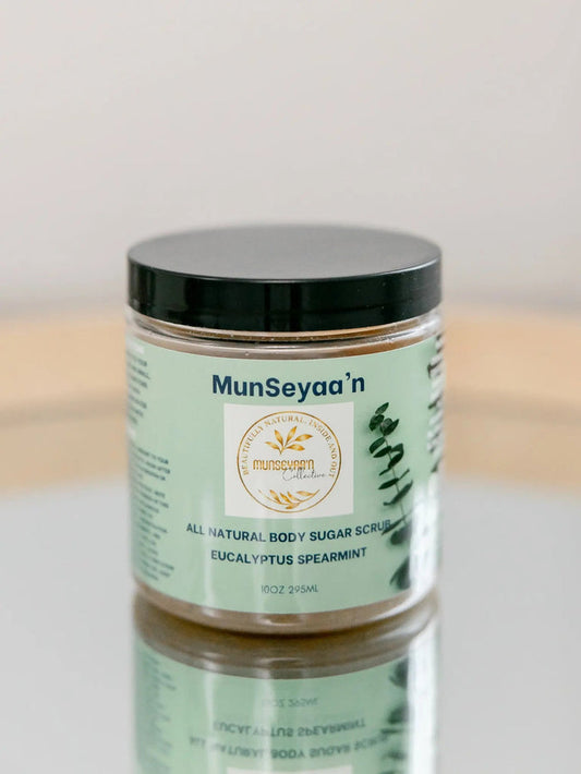 Jar of Eucalyptus Spearmint Organic Sugar Scrub with natural ingredients and refreshing aroma