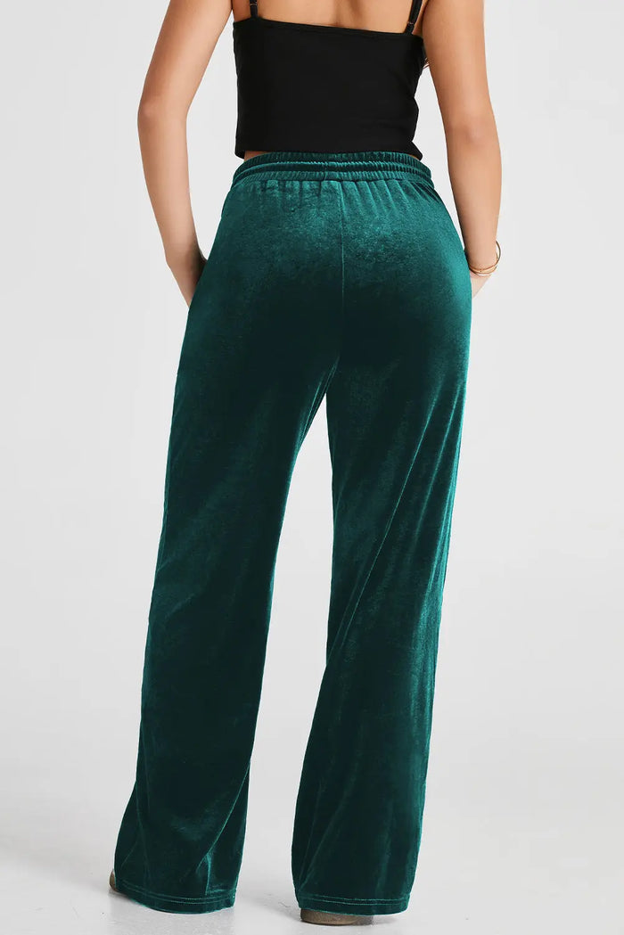 Evergreen Solid Drawstring Waist Wide Leg Trousers - Activewear/Yoga Pants