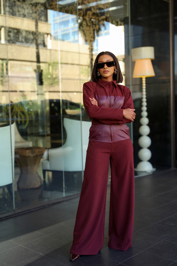 Fabrosanz: Burgundy PU Leather Pinstripe Jumpsuit