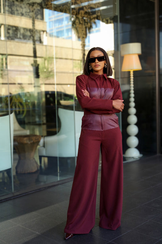 Fabrosanz: Burgundy PU Leather Pinstripe Jumpsuit