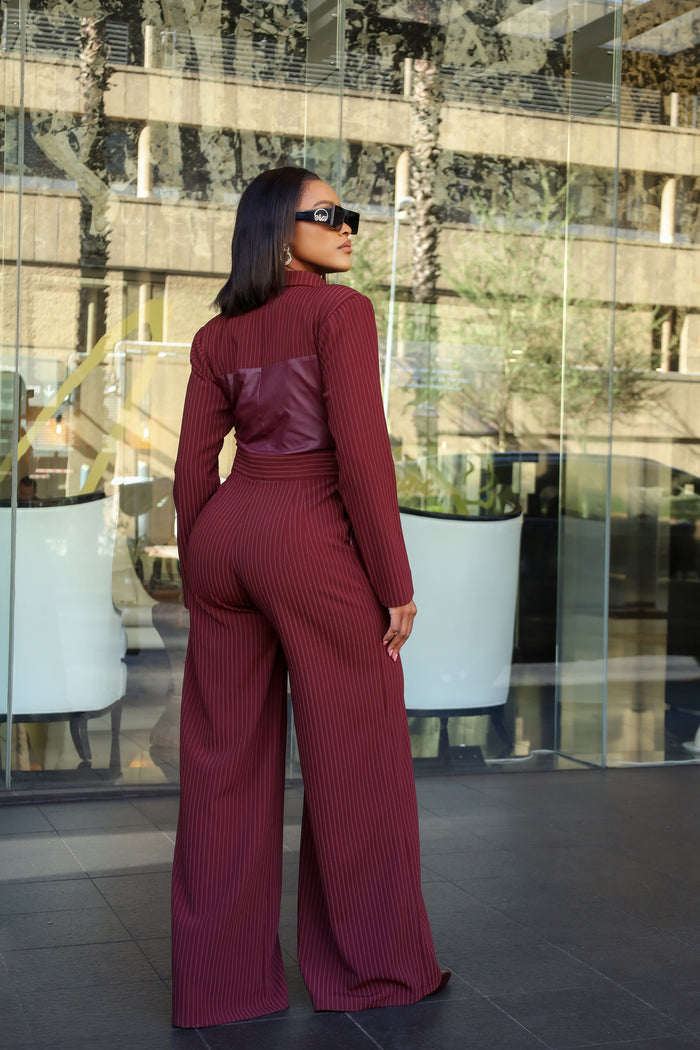 Fabrosanz: Burgundy PU Leather Pinstripe Jumpsuit