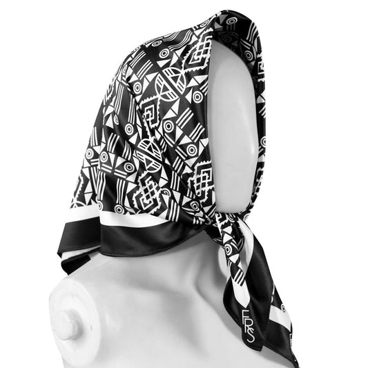 African print headscarf, satin silk head wrap, FabroSanz scarf, black and white African scarf, cultural fashion accessories, heritage print square scarf, versatile women’s headwear, modern African fashion South Africa