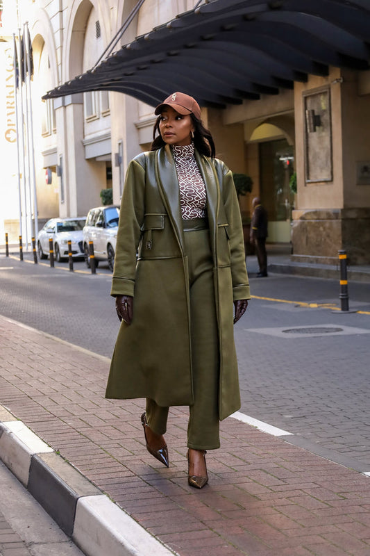 Fabrosanz: Olive Green Melton PU Leather Coat
