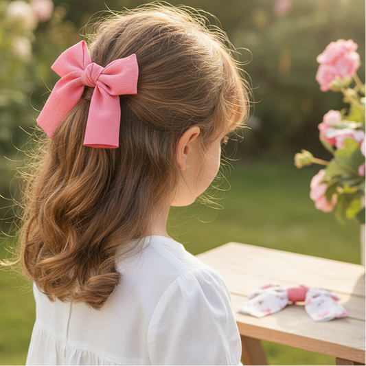 Floral & Solid Bow Hair Clip Set - 10cm (QR2282)