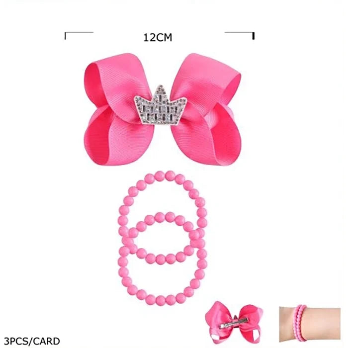 Girls 3-Piece Princess Accessory Set | 12cm Grosgrain Ribbon Hair Bow Clip & Beaded Stretch Bracelets | Cute Toddler & Kids Fashion Jewelry Gift (TK-1160S)
