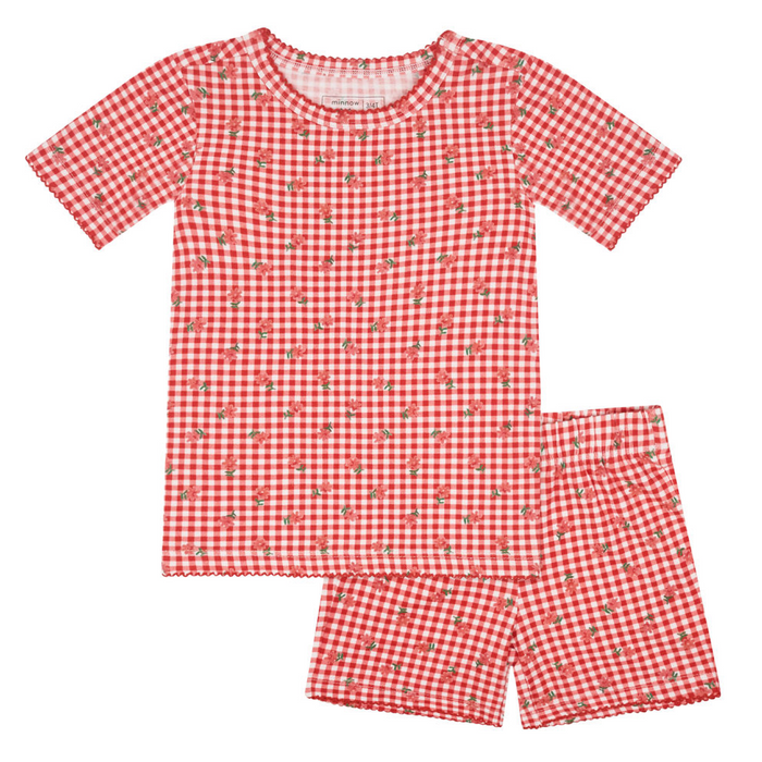 girls strawberry gingham shirt and short pima pajamas set