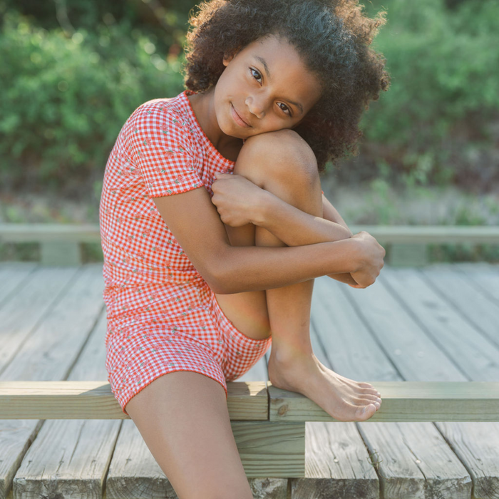 girls strawberry gingham shirt and short pima pajamas set