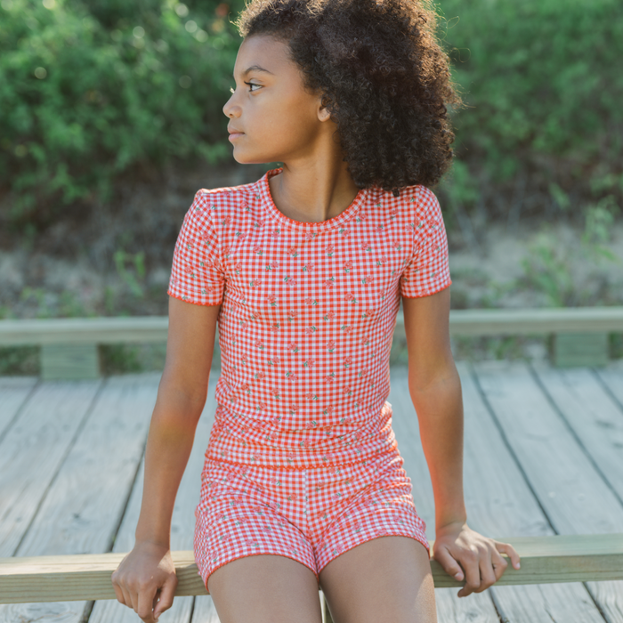 girls strawberry gingham shirt and short pima pajamas set