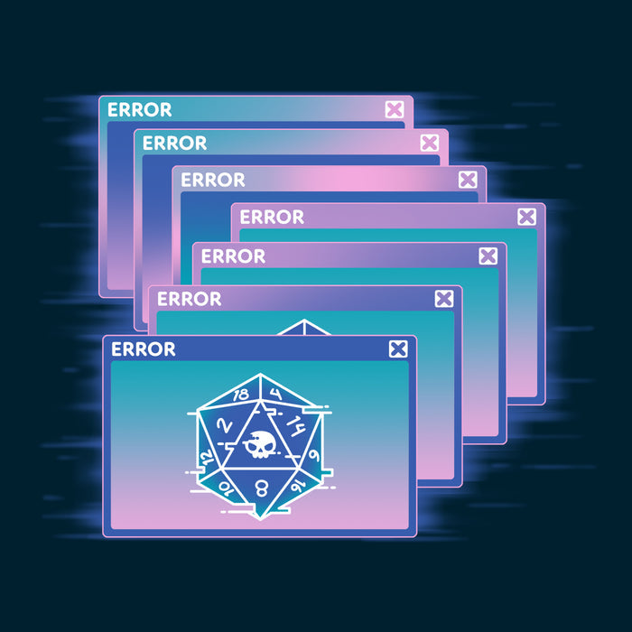 Premium Cotton T-shirt_TeeTurtle navy blue GlitchWave D20 featuring a series of overlapping error messages with a vaporwave gradient background, featuring an icon of a 20-sided die displaying numbers and a skull symbol.