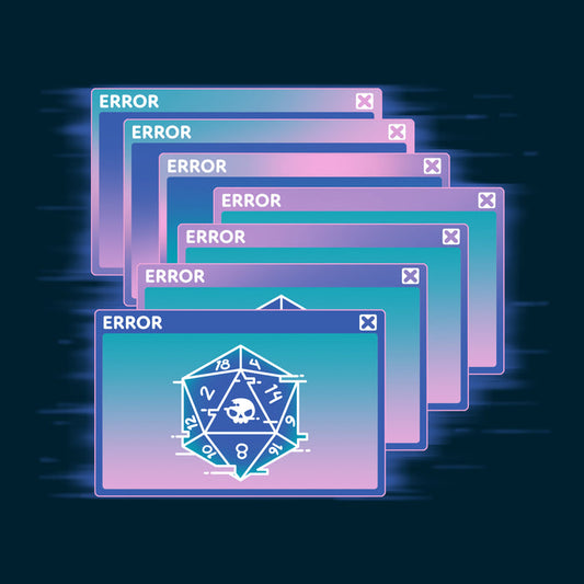 Premium Cotton T-shirt_TeeTurtle navy blue GlitchWave D20 featuring a series of overlapping error messages with a vaporwave gradient background, featuring an icon of a 20-sided die displaying numbers and a skull symbol.