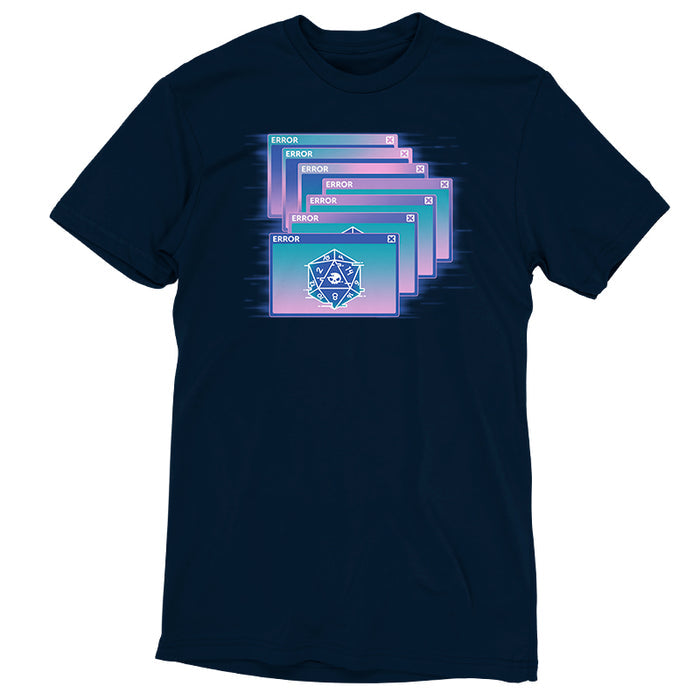 Premium Cotton T-shirt_TeeTurtle navy blue GlitchWave D20 featuring a series of overlapping error messages with a vaporwave gradient background, featuring an icon of a 20-sided die displaying numbers and a skull symbol.