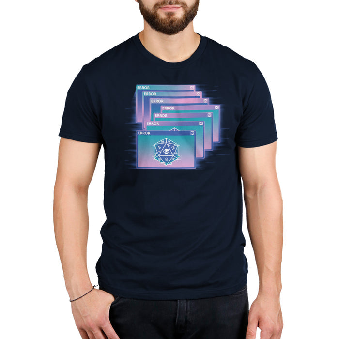 Premium Cotton T-shirt_TeeTurtle navy blue GlitchWave D20 featuring a series of overlapping error messages with a vaporwave gradient background, featuring an icon of a 20-sided die displaying numbers and a skull symbol.