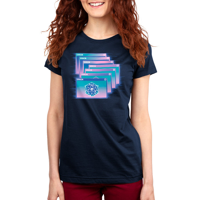 Premium Cotton T-shirt_TeeTurtle navy blue GlitchWave D20 featuring a series of overlapping error messages with a vaporwave gradient background, featuring an icon of a 20-sided die displaying numbers and a skull symbol.