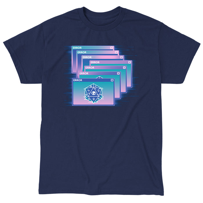 Classic Cotton T-shirt_TeeTurtle navy blue GlitchWave D20 featuring a series of overlapping error messages with a vaporwave gradient background, featuring an icon of a 20-sided die displaying numbers and a skull symbol.