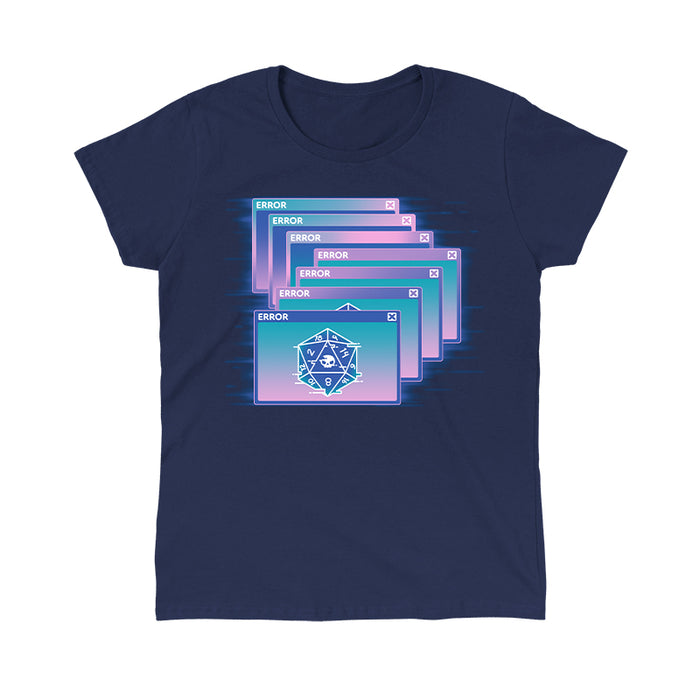 Classic Cotton T-shirt_TeeTurtle navy blue GlitchWave D20 featuring a series of overlapping error messages with a vaporwave gradient background, featuring an icon of a 20-sided die displaying numbers and a skull symbol.
