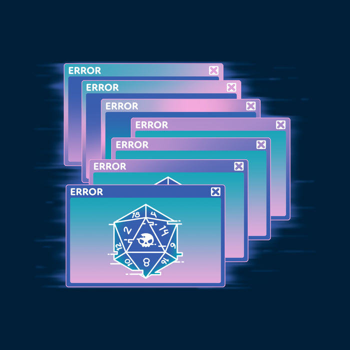 Long Sleeve T-shirt_TeeTurtle navy blue GlitchWave D20 featuring a series of overlapping error messages with a vaporwave gradient background, featuring an icon of a 20-sided die displaying numbers and a skull symbol.