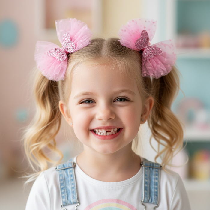 Glitter Butterfly Tulle Hair Bow Clips - 10cm Girls' Hair Accessories (RBW-0439R)