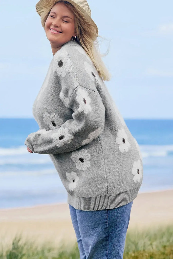 Gray Plus Size Embroidered Floral Pattern Half Zip Sweater - Size/Plus Sweaters & Cardigans