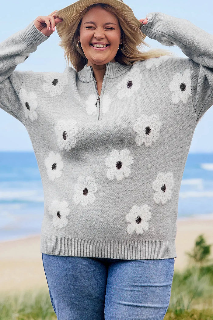Gray Plus Size Embroidered Floral Pattern Half Zip Sweater - Size/Plus Sweaters & Cardigans