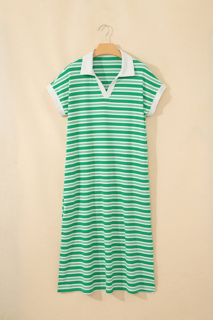 Green Stripe Collared V Neck Short Sleeve T Shirt Midi Dress with Pockets