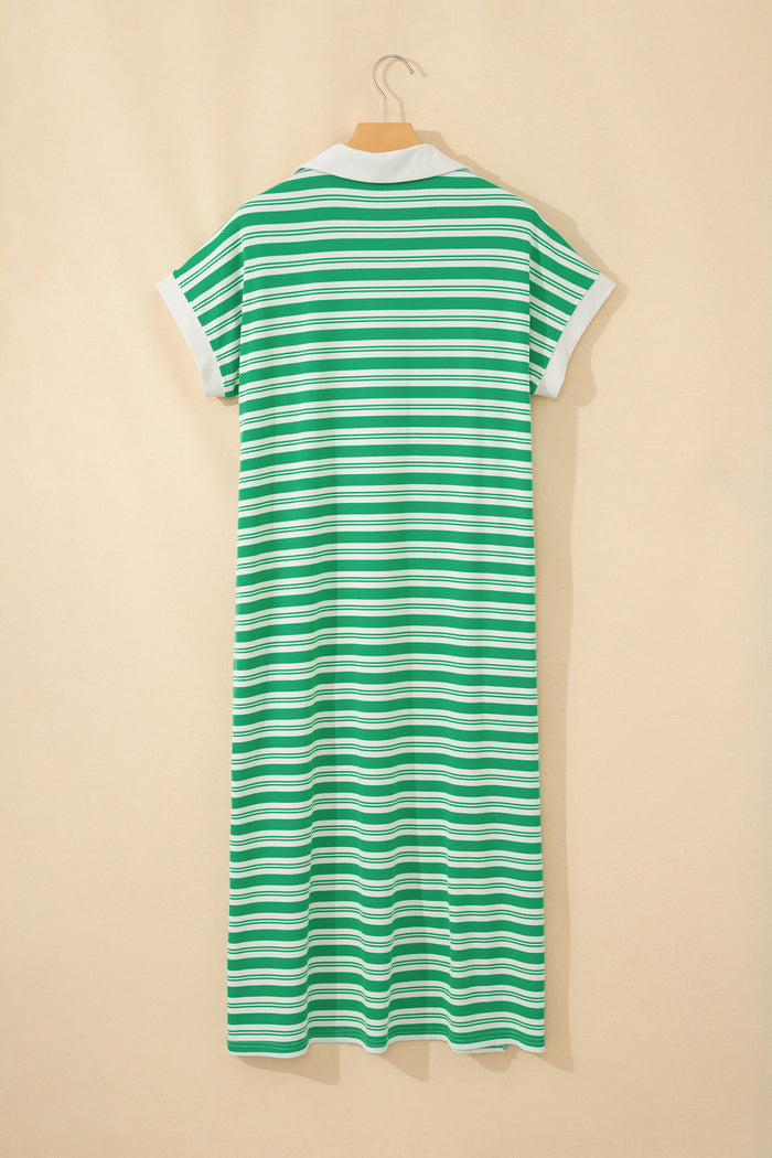Green Stripe Collared V Neck Short Sleeve T Shirt Midi Dress with Pockets