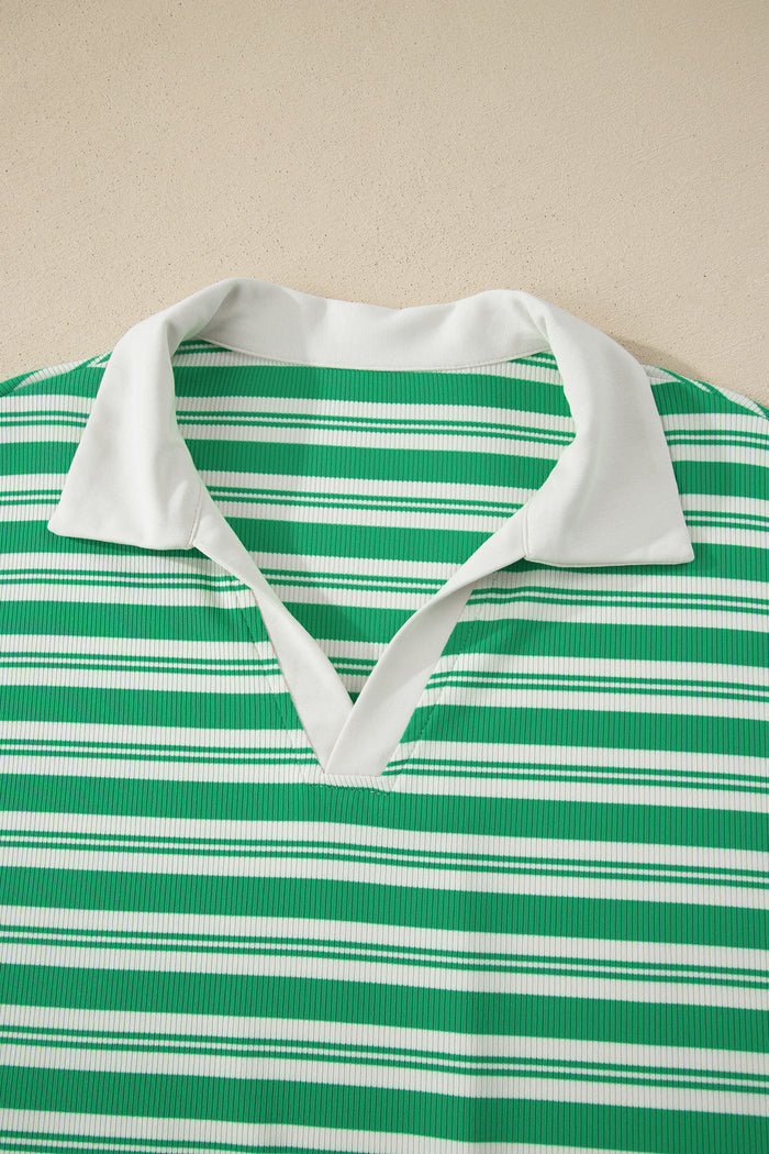 Green Stripe Collared V Neck Short Sleeve T Shirt Midi Dress with Pockets