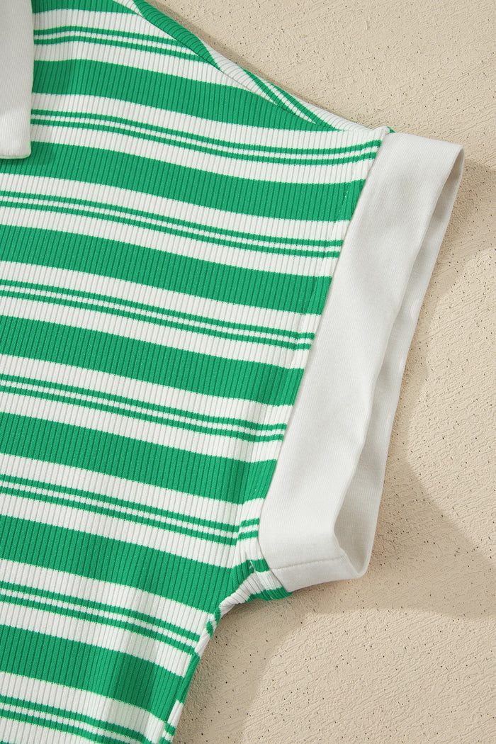 Green Stripe Collared V Neck Short Sleeve T Shirt Midi Dress with Pockets