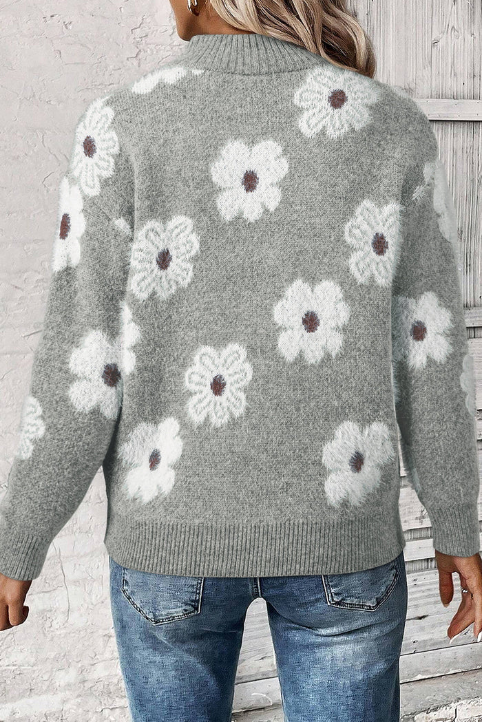Grey Floral Pattern Half Zip Drop Shoulder Sweater - Sweaters & Cardigans/Sweaters