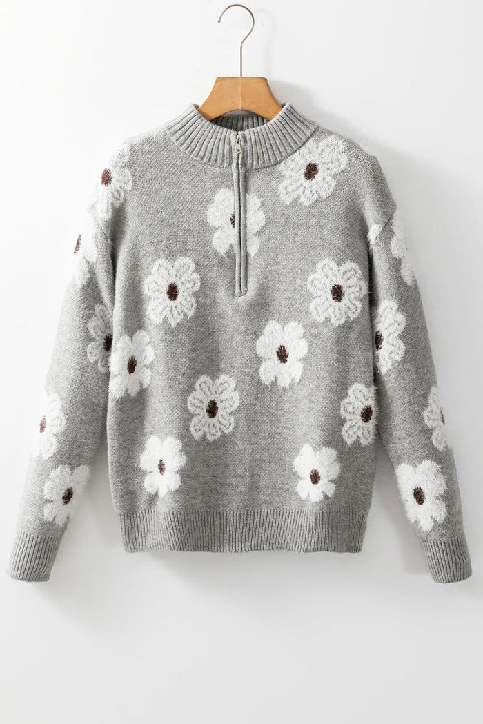 Grey Floral Pattern Half Zip Drop Shoulder Sweater - Sweaters & Cardigans/Sweaters