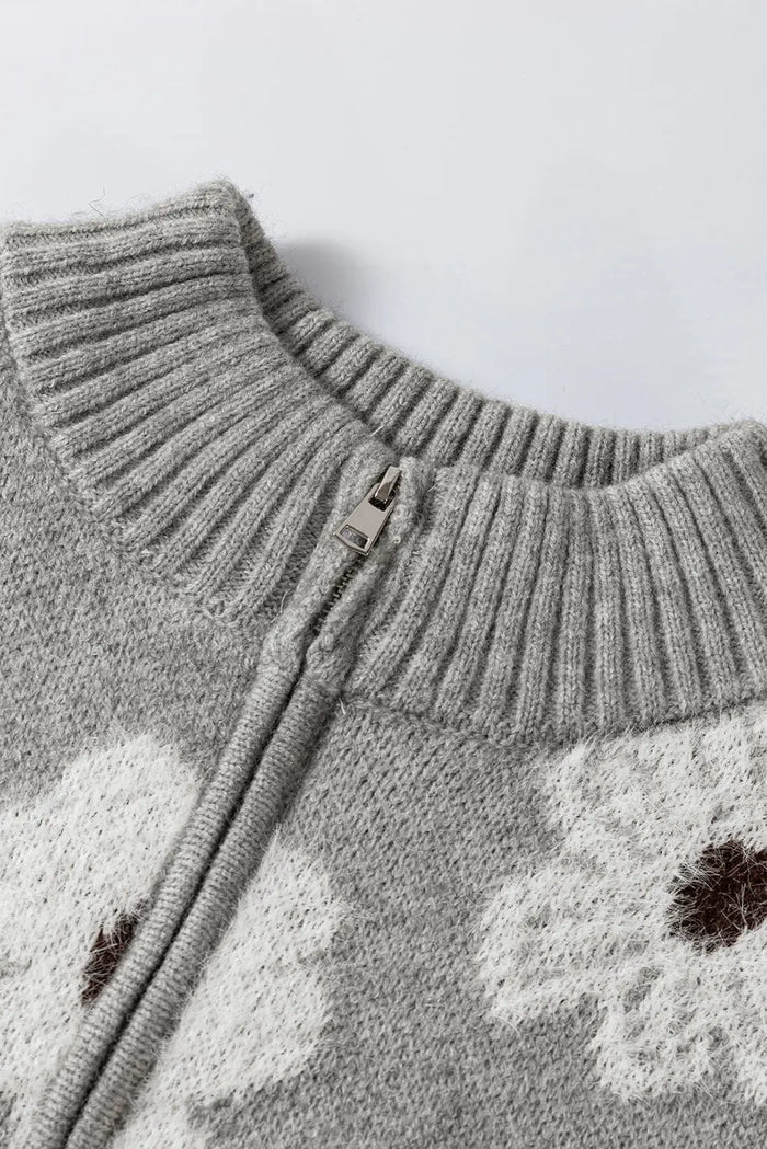 Grey Floral Pattern Half Zip Drop Shoulder Sweater - Sweaters & Cardigans/Sweaters