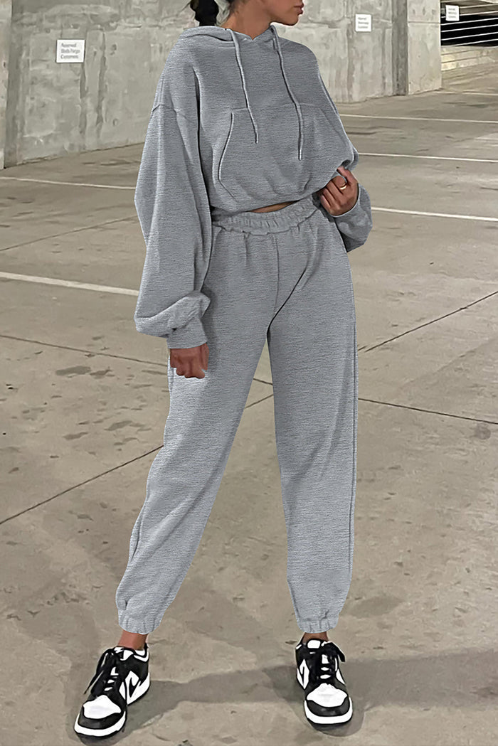 Grey Solid Drop Shoulder Hoodie and Joggers Activewear Set - GRAY / S / 50% POLYESTER + 50% COTTON