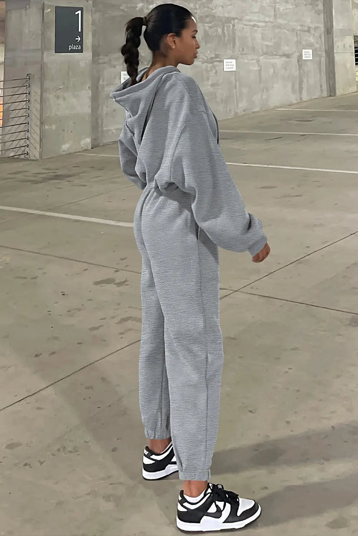 Grey Solid Drop Shoulder Hoodie and Joggers Activewear Set - Activewear/Activewear Sets