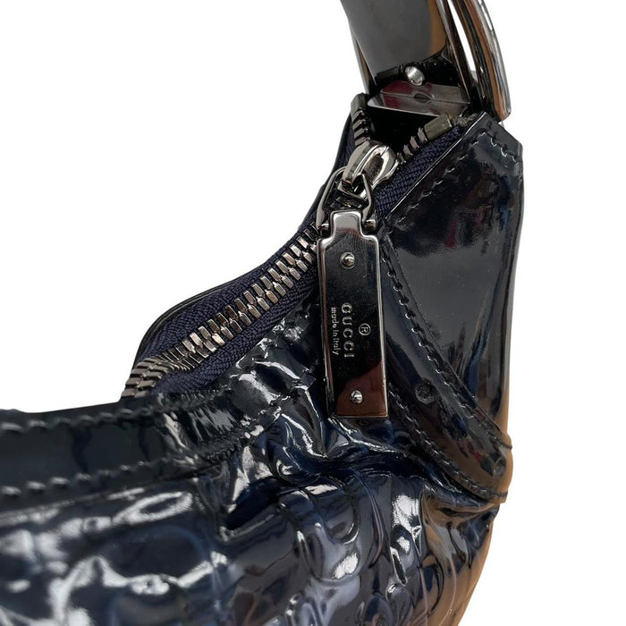 Gucci Navy Blue Patent Leather Horsebit Embossed Hobo Crescent Bag