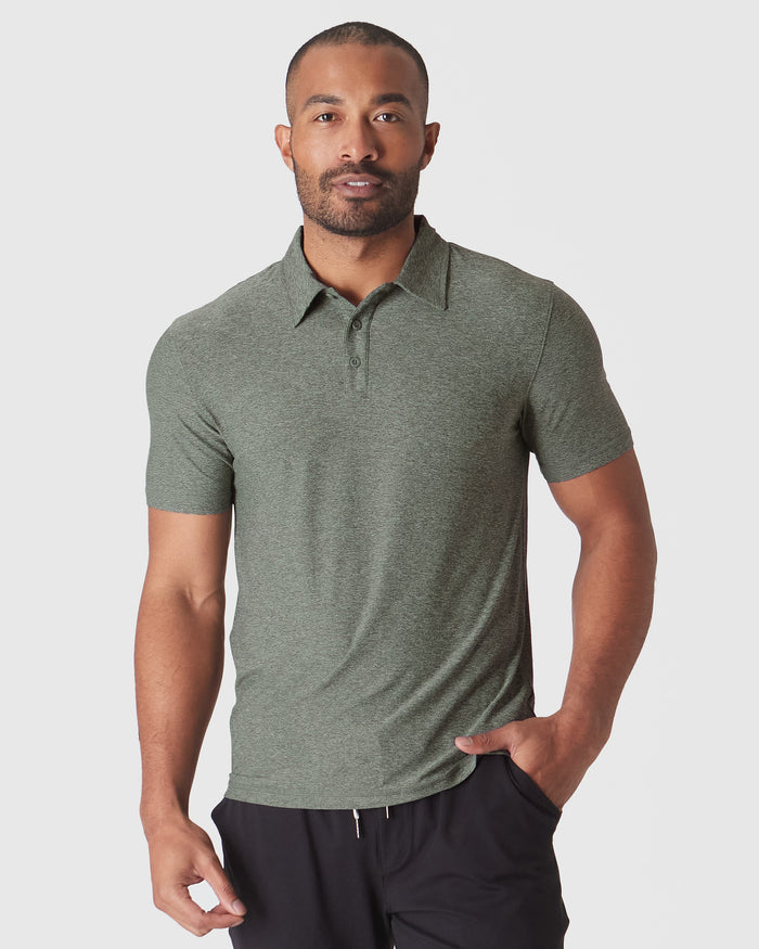 Heather Forest Active Polo 2.0 on model with casual trousers.