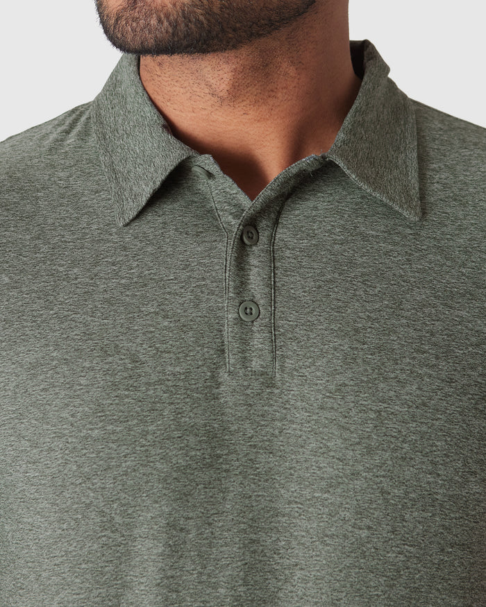 Heather Forest Active Polo 2.0 on man, classic collar, two buttons fastened.
