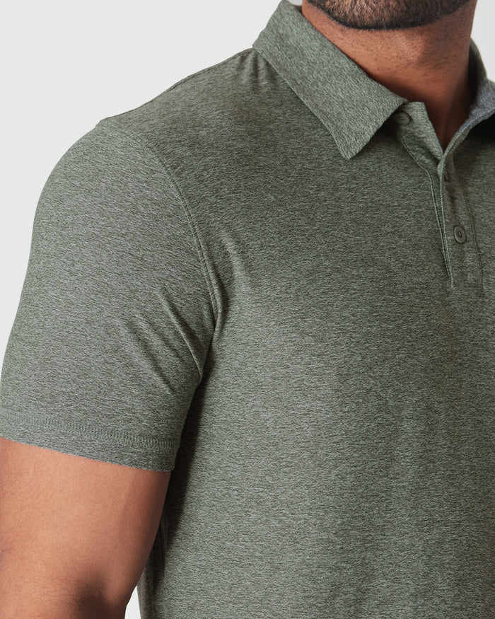 Heather Forest Active Polo 2.0 showcasing collar and three-button placket.