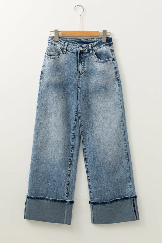 Blue High Rise Button Zip Fly Medium Wash Jeans - Bottoms/Jeans/WideLeg