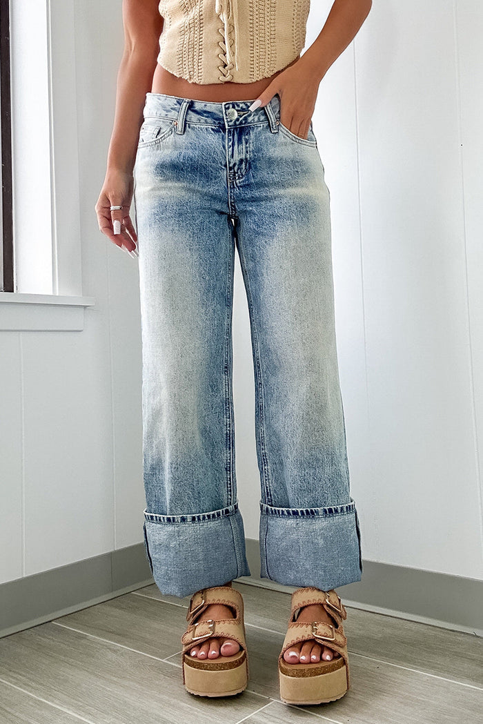 Blue High Rise Button Zip Fly Medium Wash Jeans - Bottoms/Jeans/WideLeg